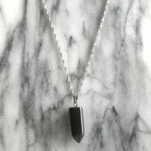 Naturstein Heilstein SCHWARZE OBSIDIAN mit EDELSTAHLKETTE
