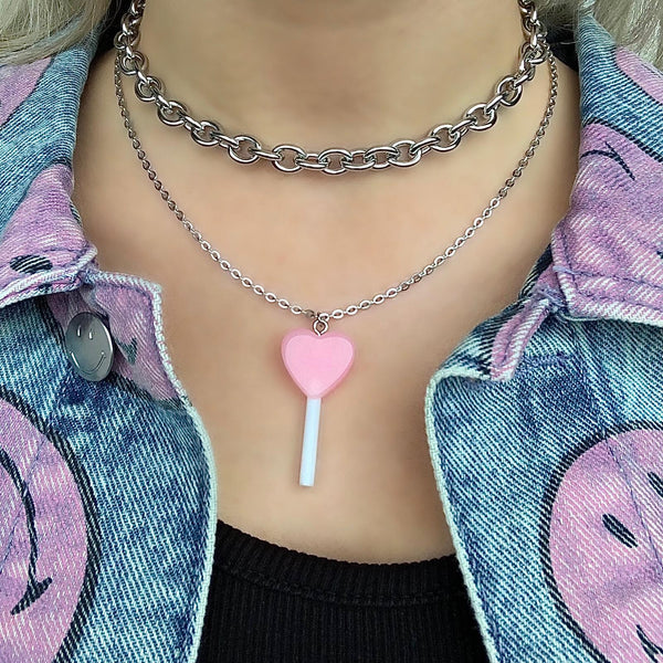 Edelstahl Kette mit Herz Lolly Anhänger