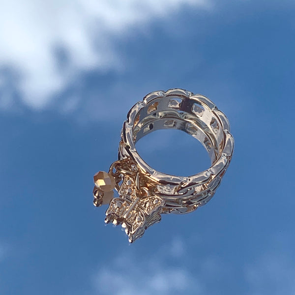 Bague chaîne papillon - bague dorée avec pendentifs