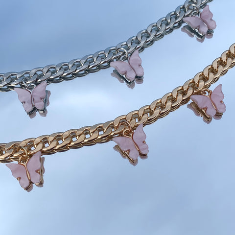 Mariposa Choker Rose Quartz - Collier en ACIER INOXYDABLE avec des papillons roses